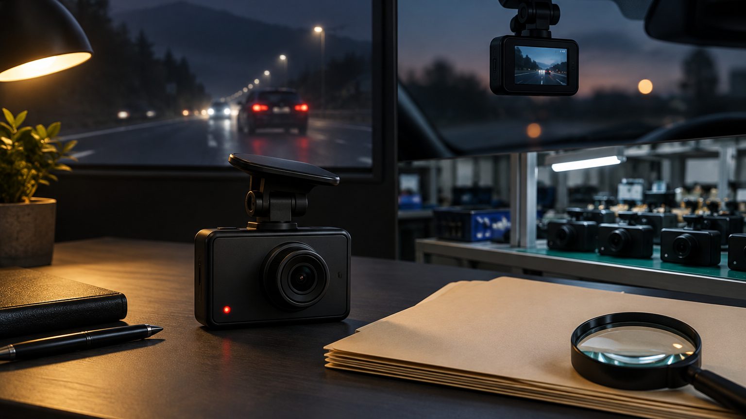 Dash cam certifications shown as a stack of test reports and compliance marks beside a dash cam unit