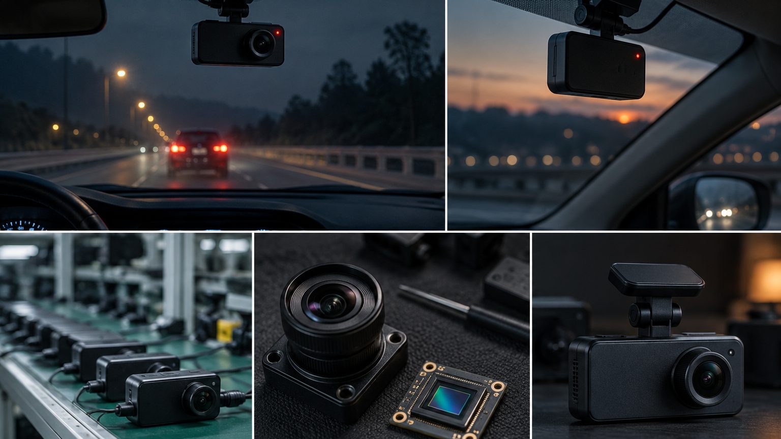 Exploded view of a dash cam showing image sensor, lens, chipset board, supercapacitor and GPS module