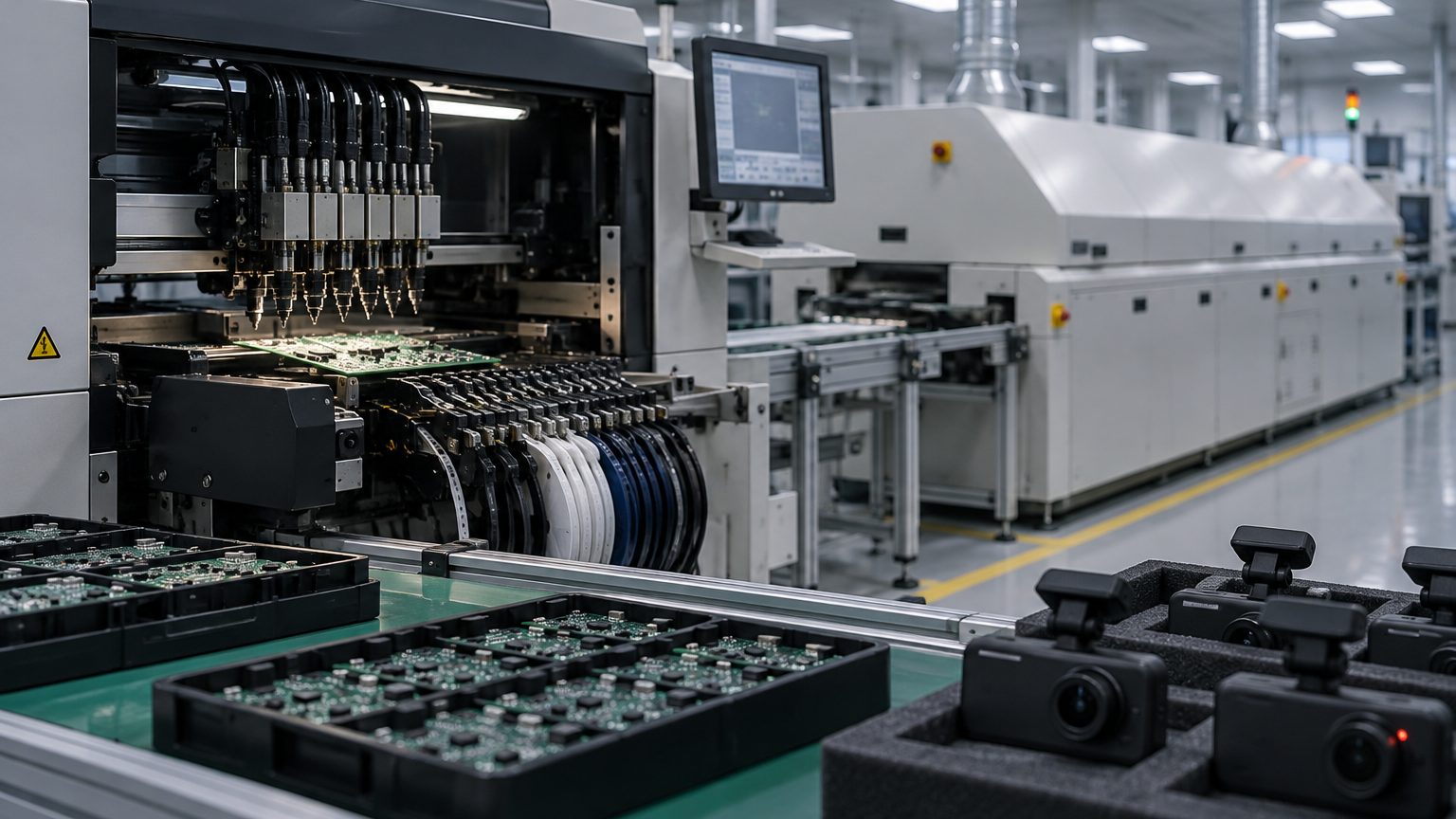 Dash cam factory equipment categories: SMT line, AOI station, lens focus calibration bench and burn-in racks
