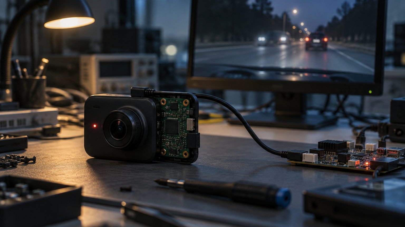 Ingenieursbildschirm mit Dashcam-Firmware-Einstellungen und einer Boot-Logo-Vorschau neben einer Muster-Dashcam