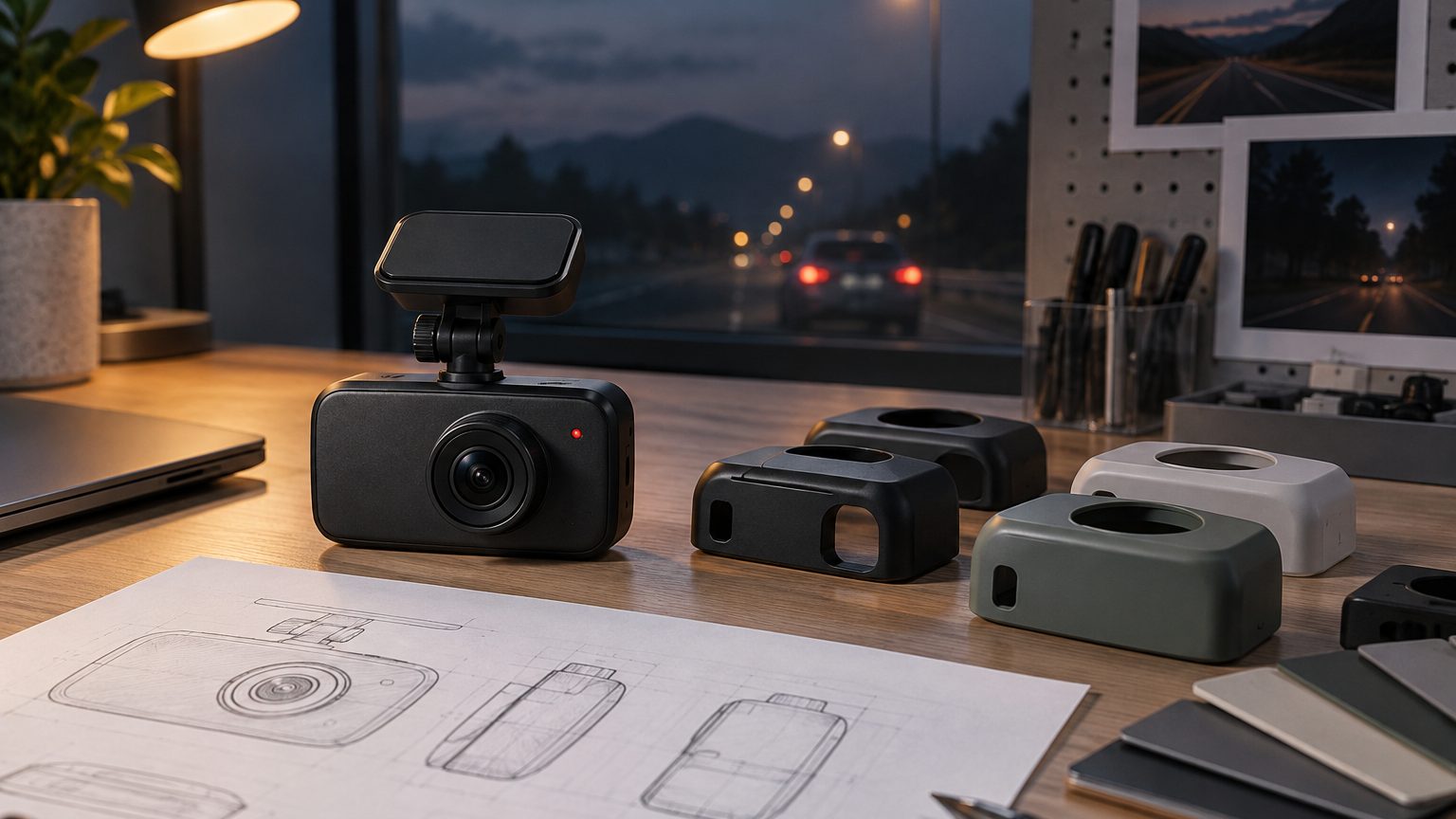 Dashcam-OEM- und ODM-Optionen als Mustereinheiten mit individuellem Logo, Verpackung und Gehäusevarianten auf einem Tisch