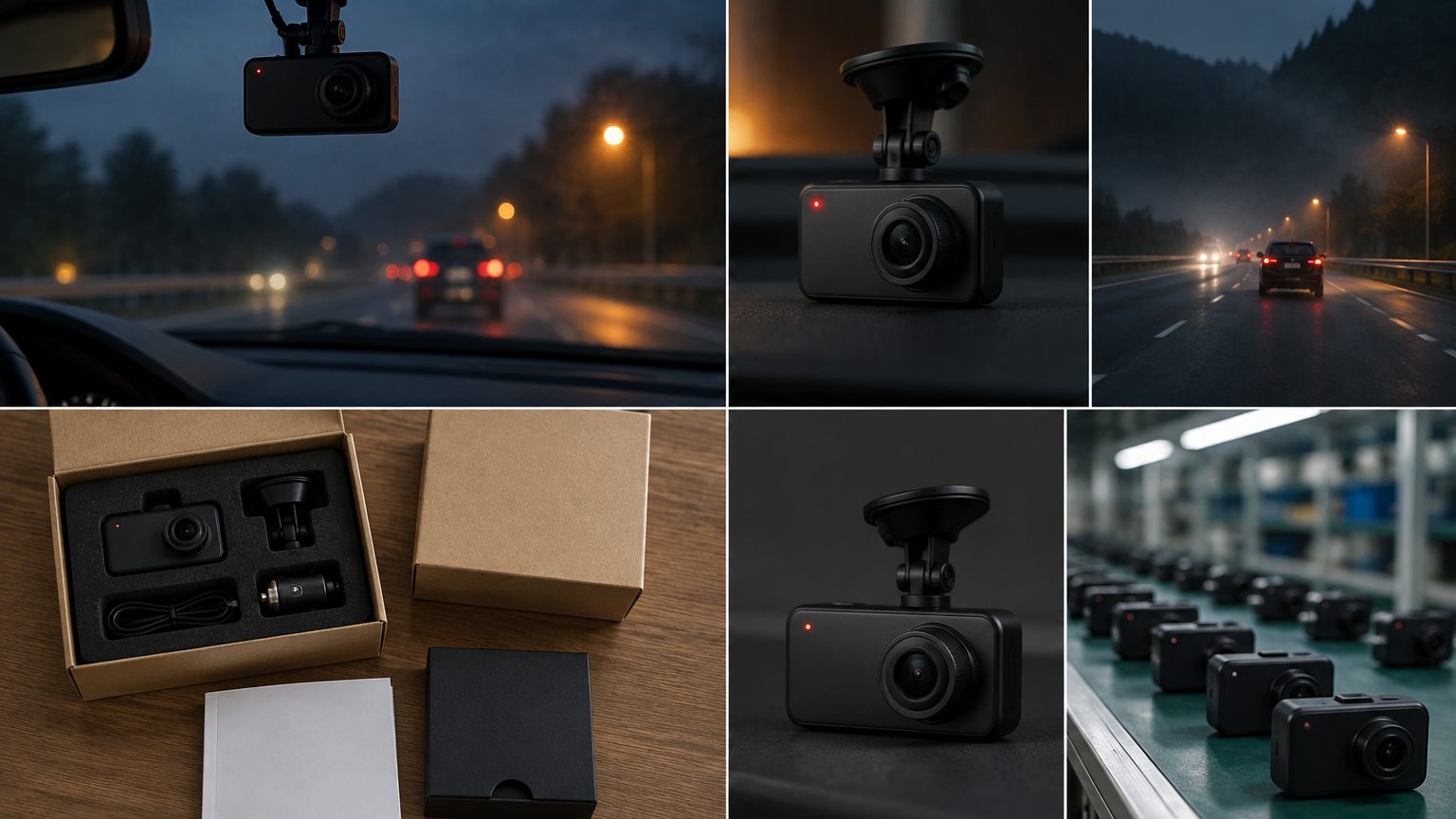 Private label dash cam gift box, manual and accessories laid out on a packing bench with custom logo
