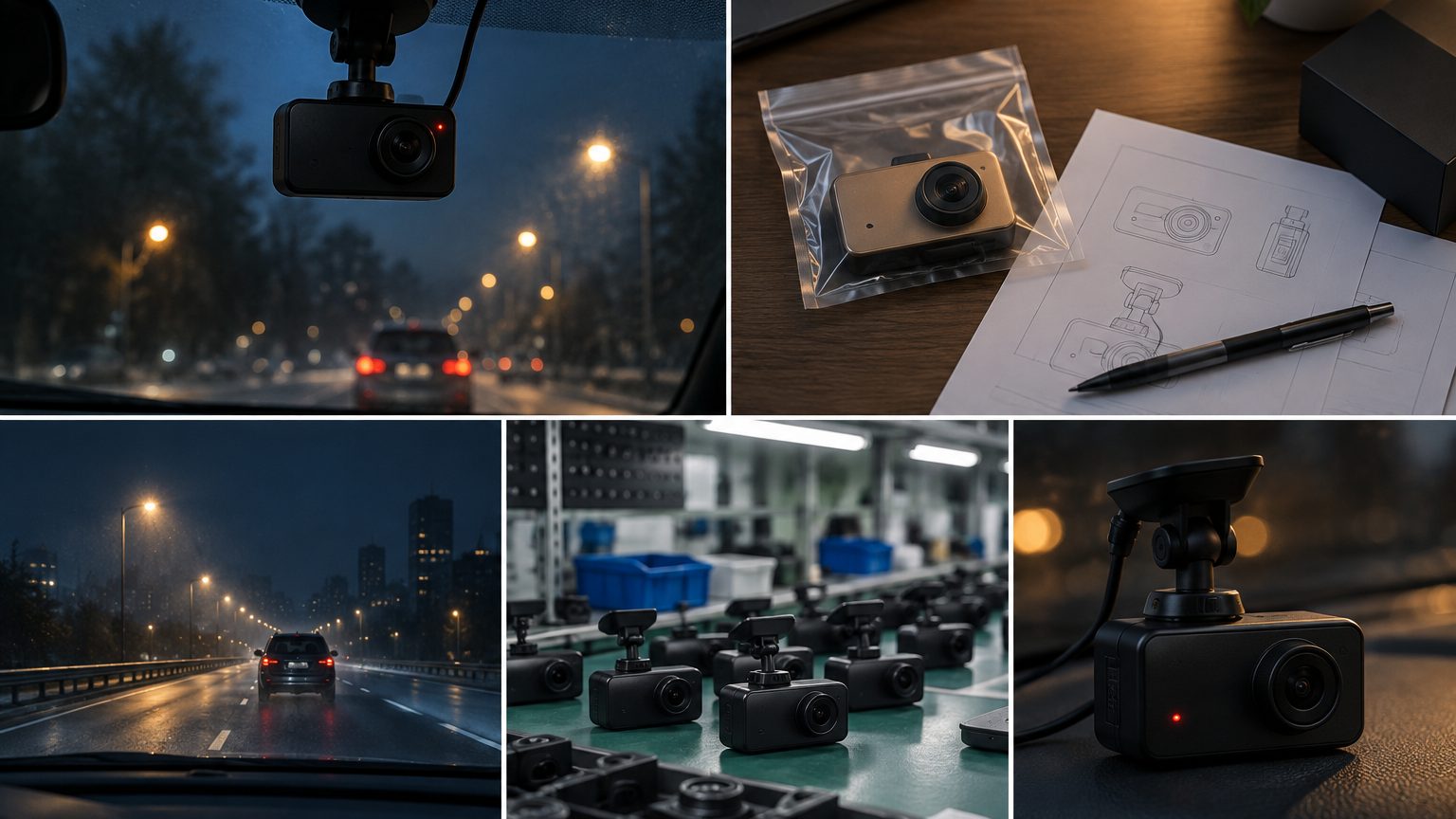Procurement flow board for dash cam sourcing showing spec sheet, samples, golden sample and inspection steps