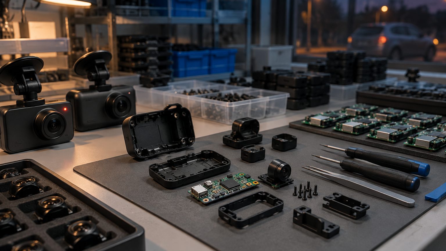 Dash cam production process shown as a bench with boards, lens modules and units moving from assembly to testing