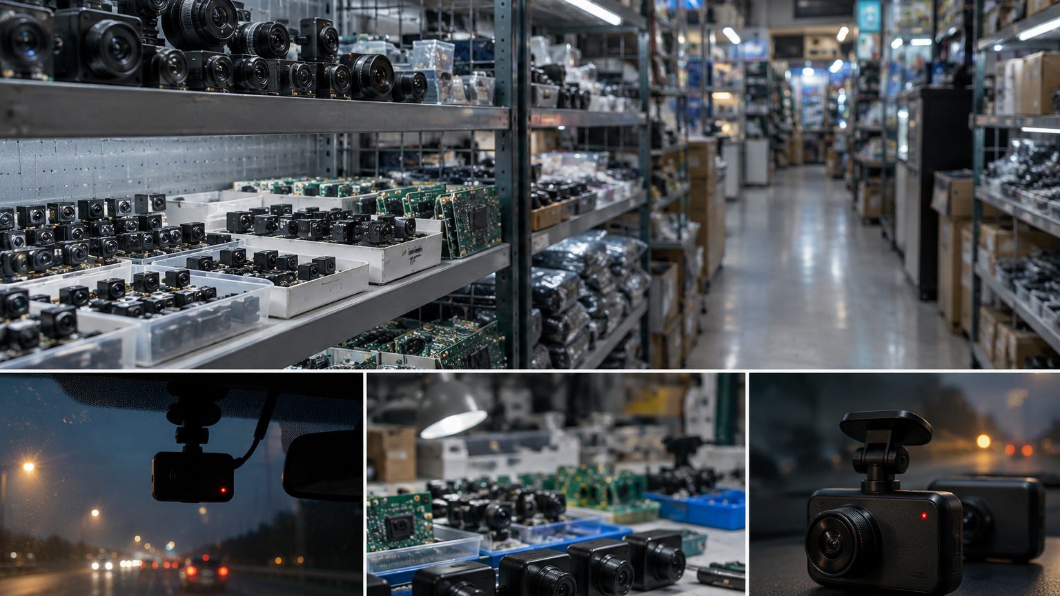 Shenzhen dash cam sourcing network shown as sample boards, lens modules and housings arranged on a sourcing desk