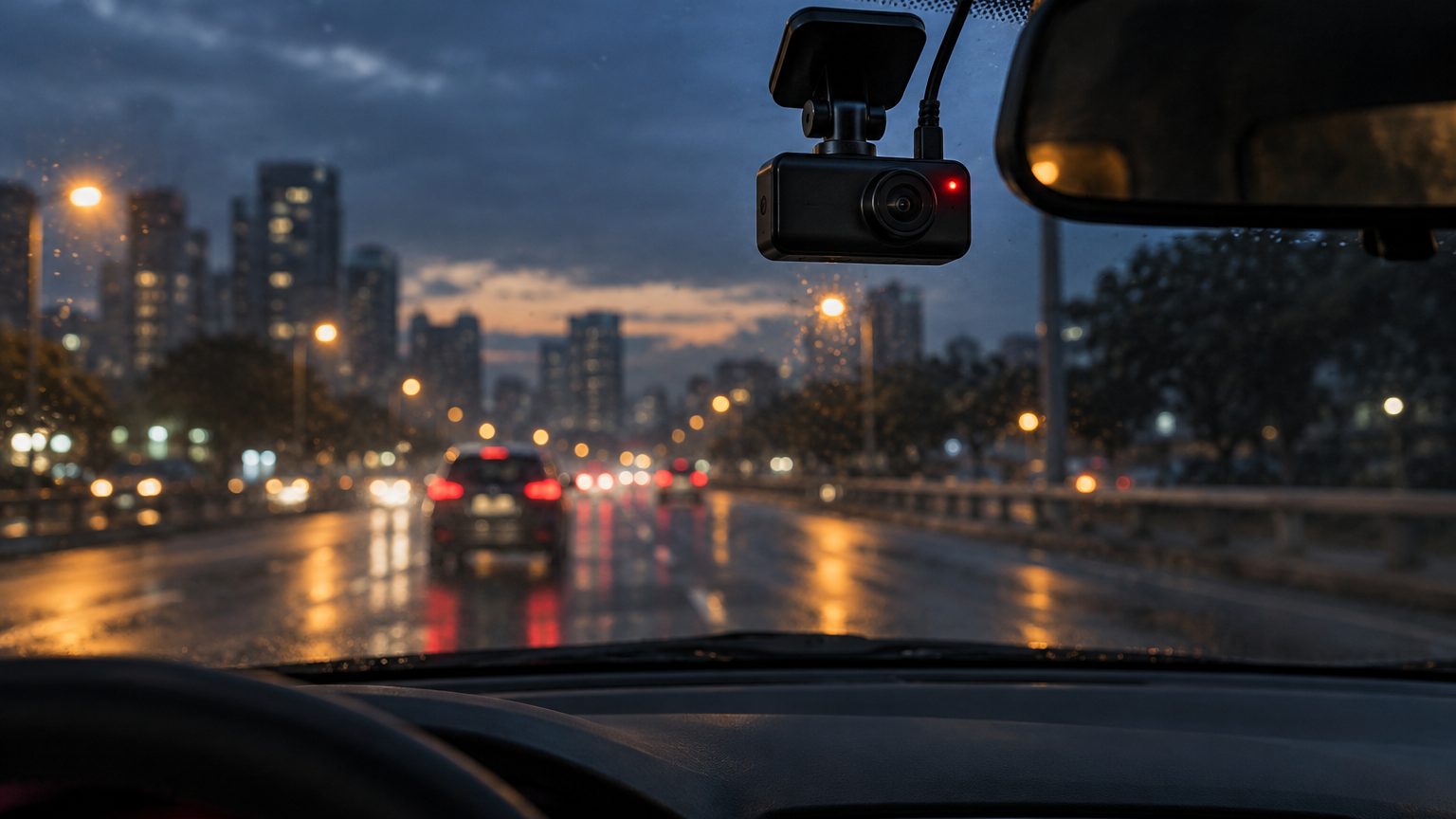 Dash cam front view of a city road at dusk recorded in 4K with GPS overlay