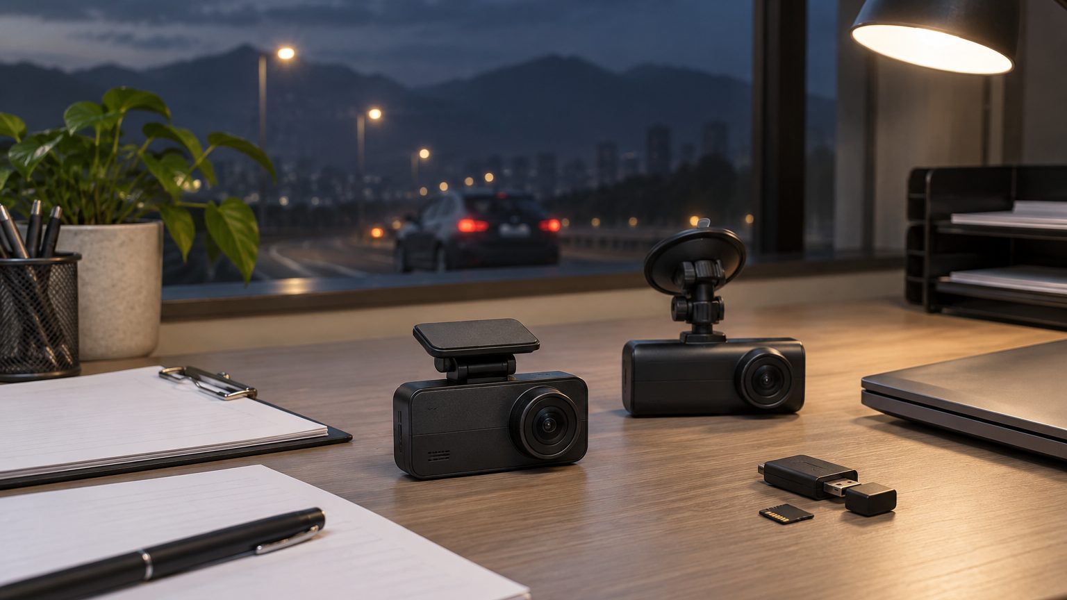 Dash cam sourcing desk with spec sheets, sample dash cams and a laptop showing recorded footage