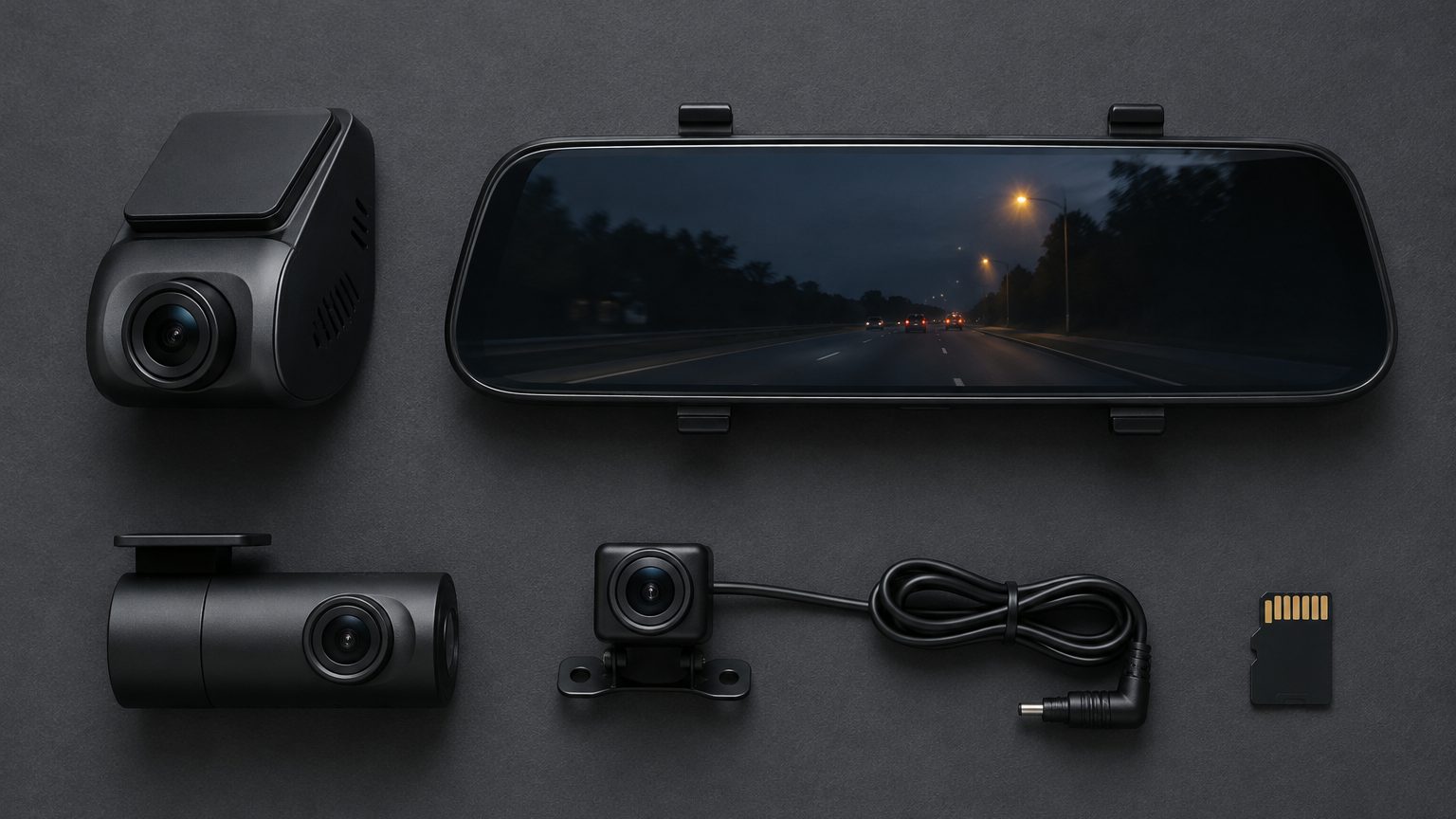 Range of dash cam product lines laid out on a dark desk: 4K, mirror, mini and rideshare models