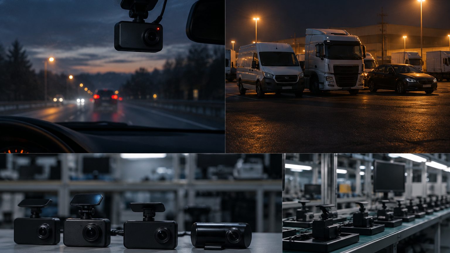 Dash cam solutions overview showing fleet, trucking, rideshare and retail use cases on a dark planning desk