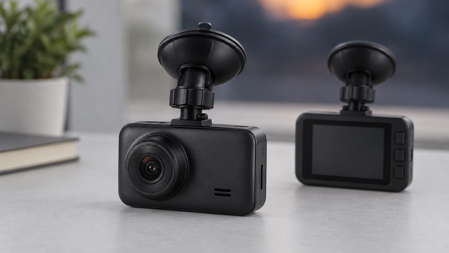 Compact 1080P dash cam with suction mount and small screen on a dark surface