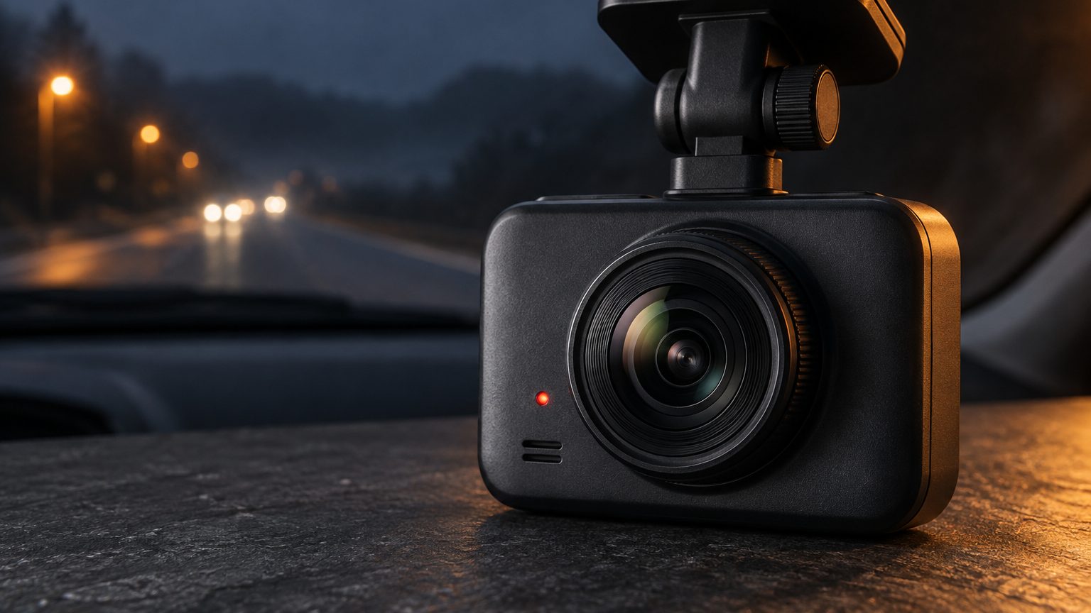 Single-channel 4K dash cam with windshield mount and USB power cable on a dark surface