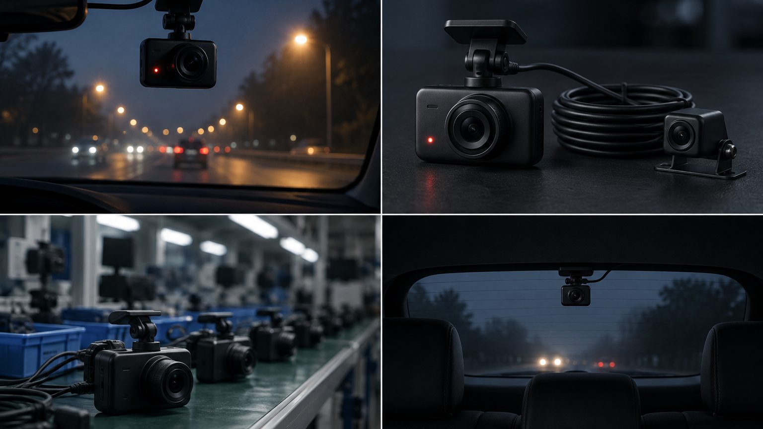 4K front and rear dash cam kit with main unit, rear camera and cable on a dark surface