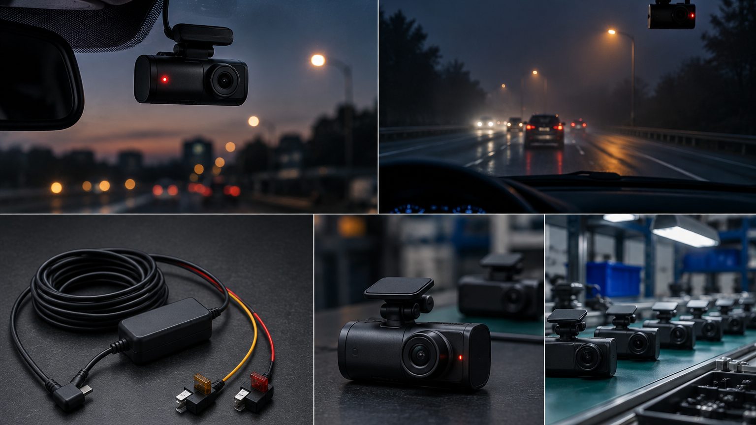 Dash cam hardwire kit with step-down module, fuse taps and Type-C cable laid out beside a dash cam