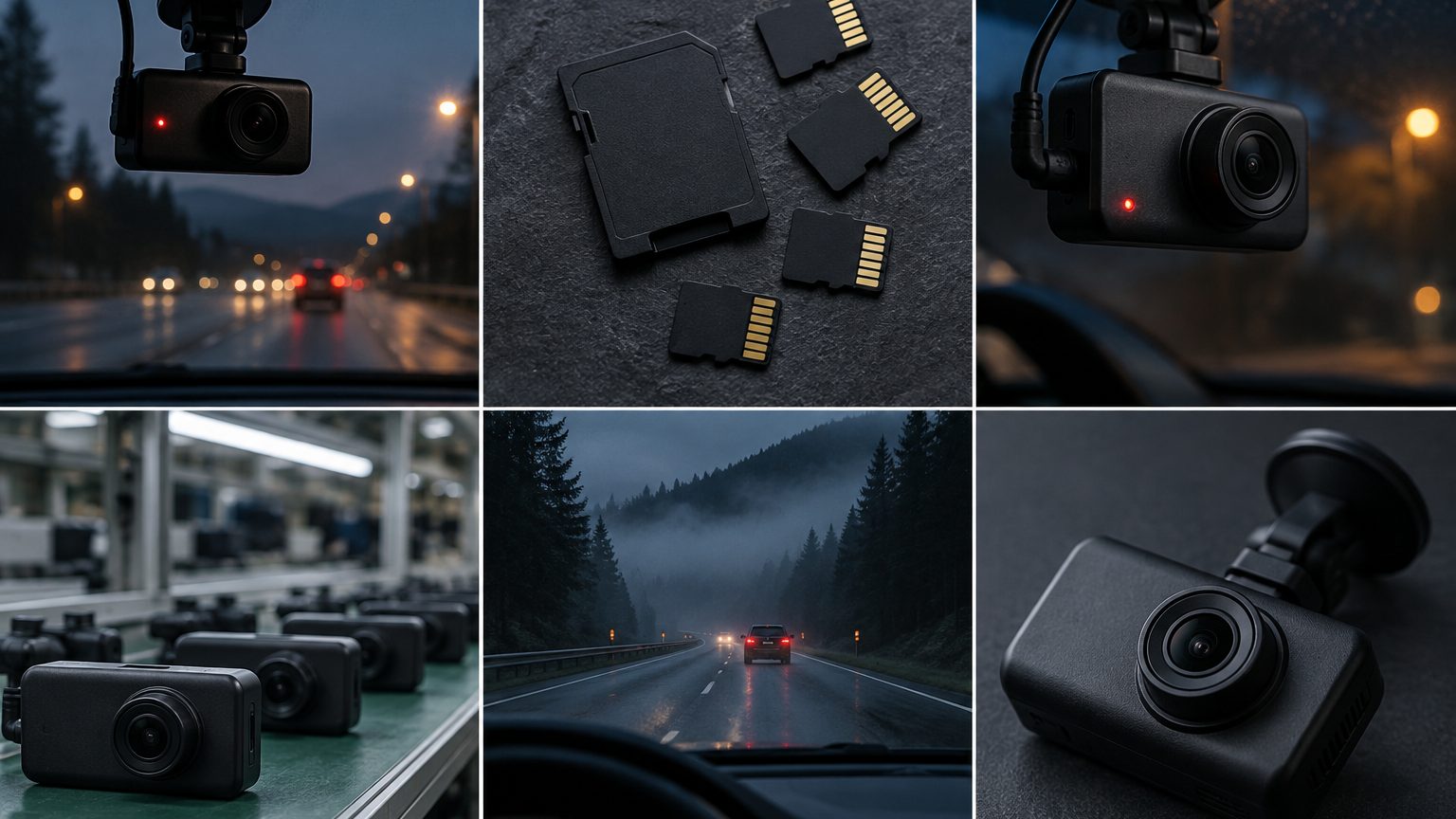 64GB and 128GB high-endurance microSD cards with adapters beside a dash cam for loop recording bundles