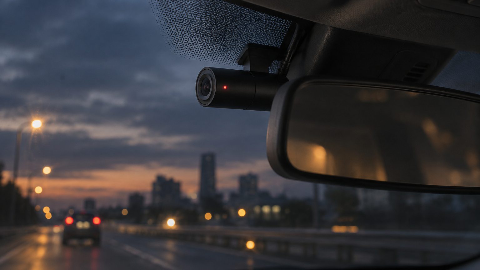Hidden mini dash cam mounted behind a rearview mirror with a short cable tucked along the windshield