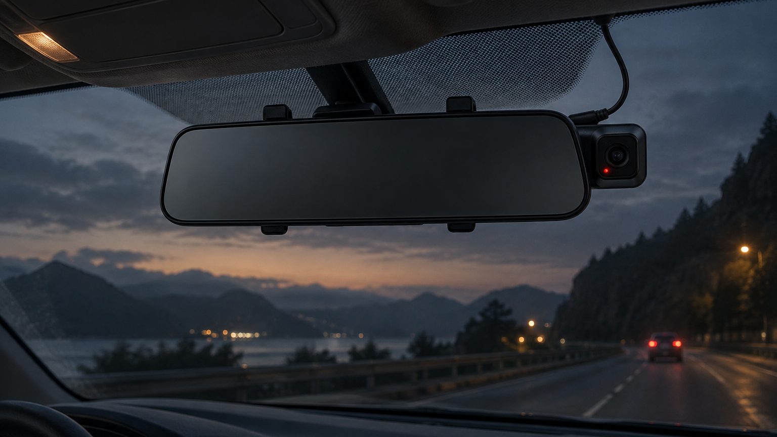 Rearview mirror dash cam with a touch display showing front and rear camera views
