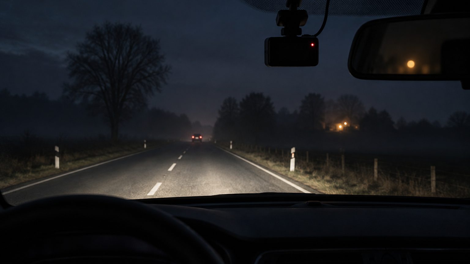 Night vision dash cam recording a dark road, with a side-by-side low light clip comparison on a monitor