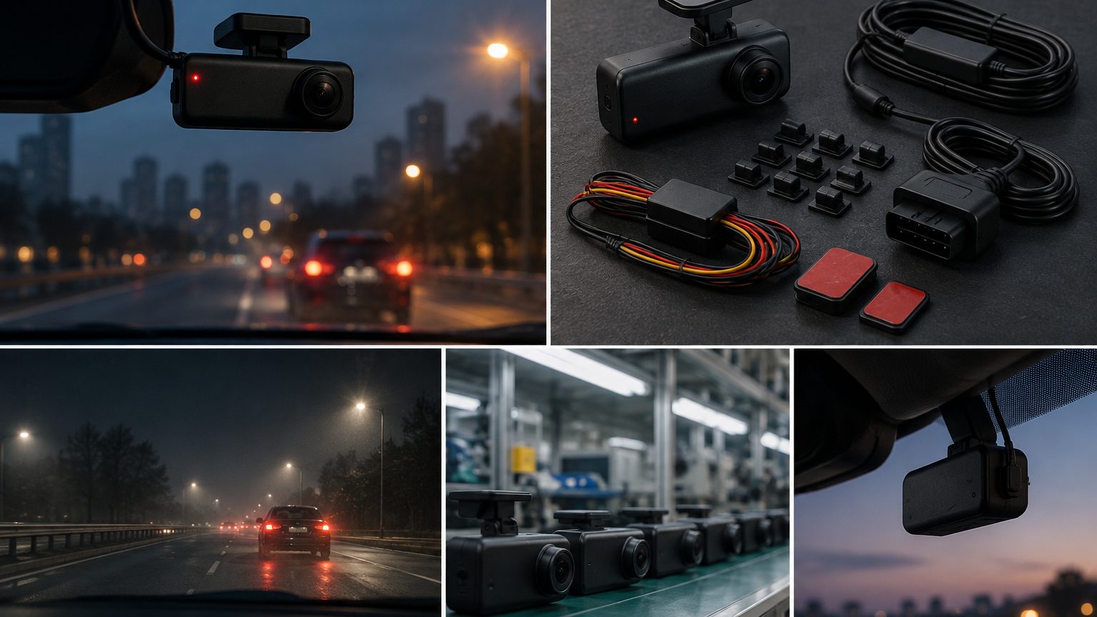 Dash cam parking mode accessories including OBD power cable, adhesive mounts, cable clips and a CPL filter