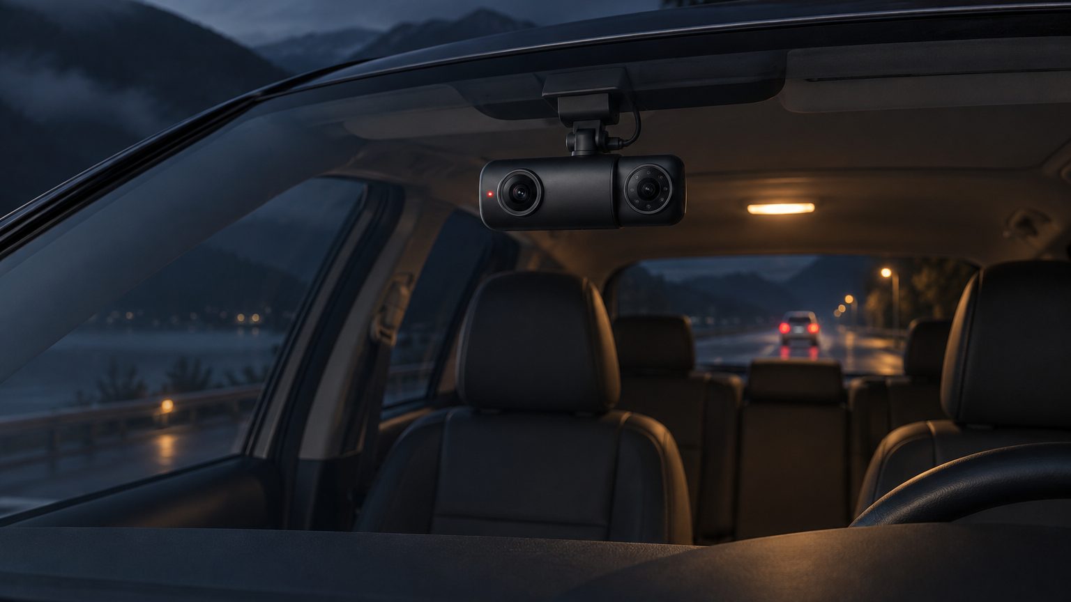 Rideshare dash cam with front lens and infrared cabin camera facing the back seat of a car at night