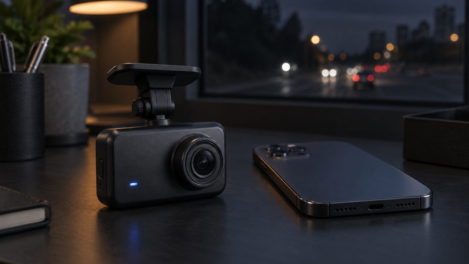 WiFi dash cam next to a smartphone showing a video preview and download screen in an app