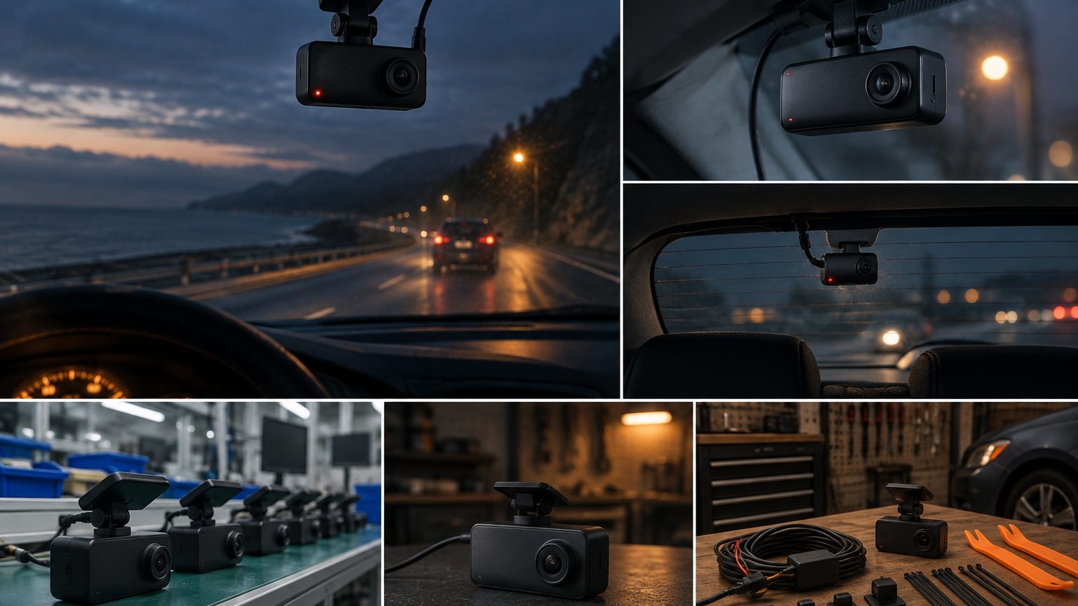 Dash cam distributor shelf and installer workbench with mirror dash cams, hidden mini cameras and hardwire kits