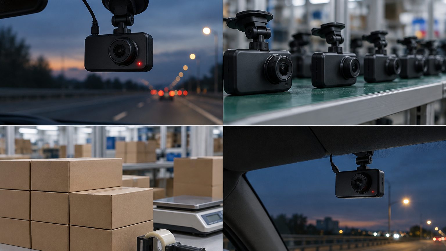 E-commerce dash cam bundle with retail gift box, microSD card and hardwire kit prepared for online listing photos