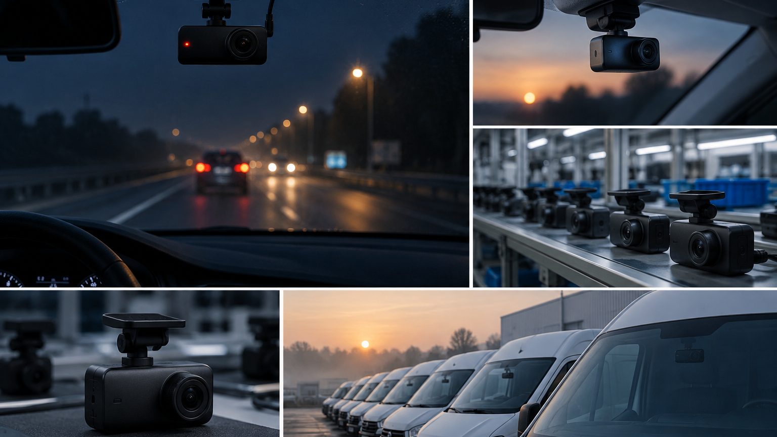 Fleet dash cam program with delivery vans, GPS dash cams, hardwire kits and SD cards laid out for rollout