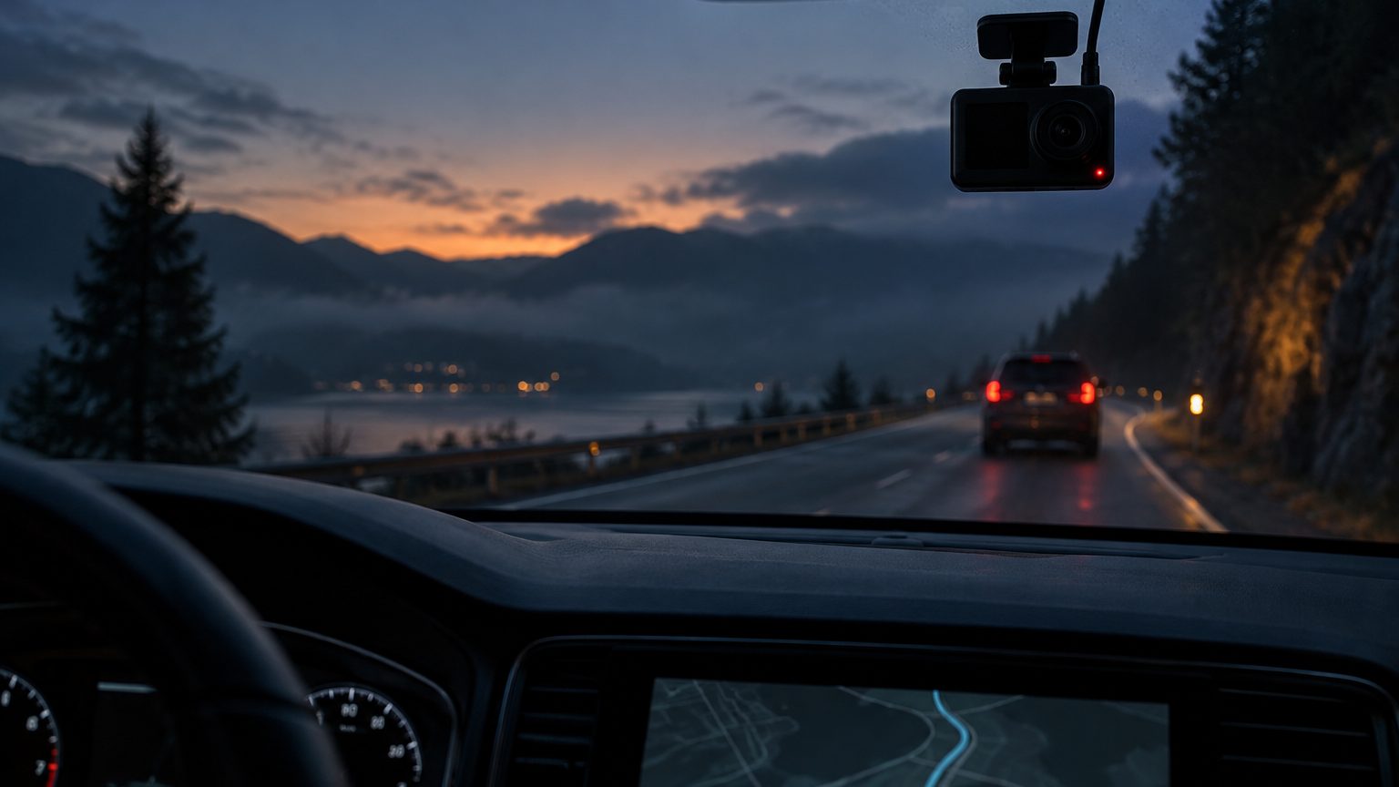 Insurance and telematics dash cam program showing GPS speed overlay, accident clip review and a policyholder app