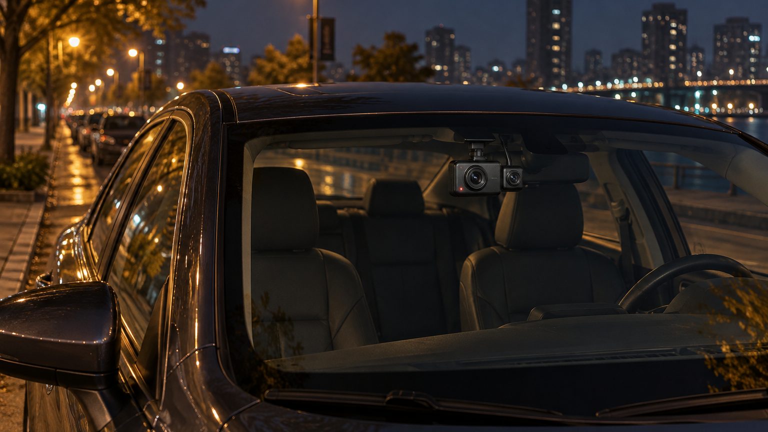Rideshare dash cam with front camera and cabin infrared camera recording a passenger car interior at night