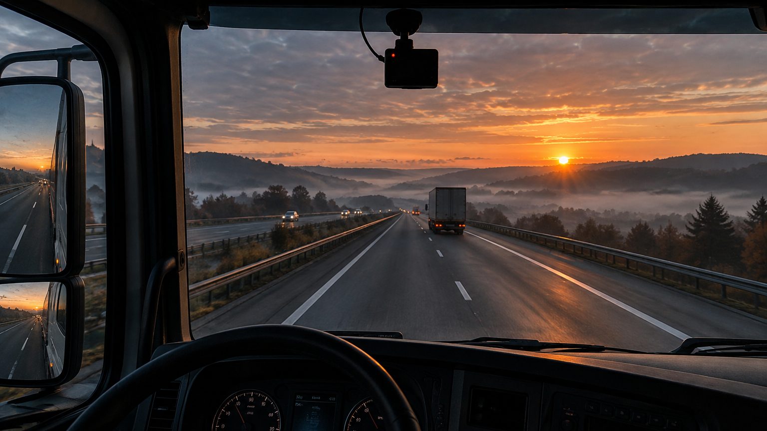 Trucking dash cam installed on a long-haul truck windshield at dusk with GPS and night vision recording